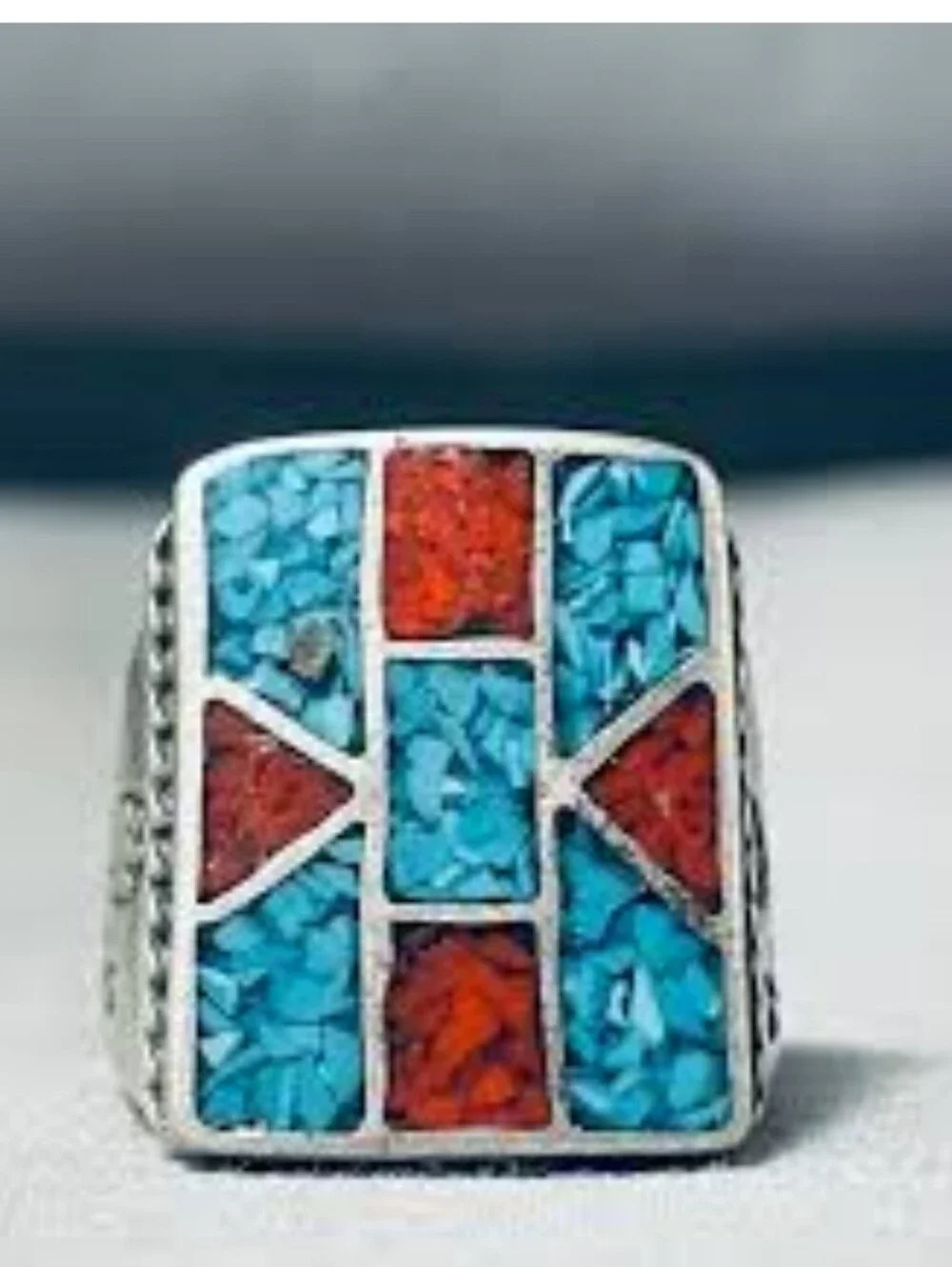 Vintage Native American Navajo Turquoise Coral Inlay Sterling Silver